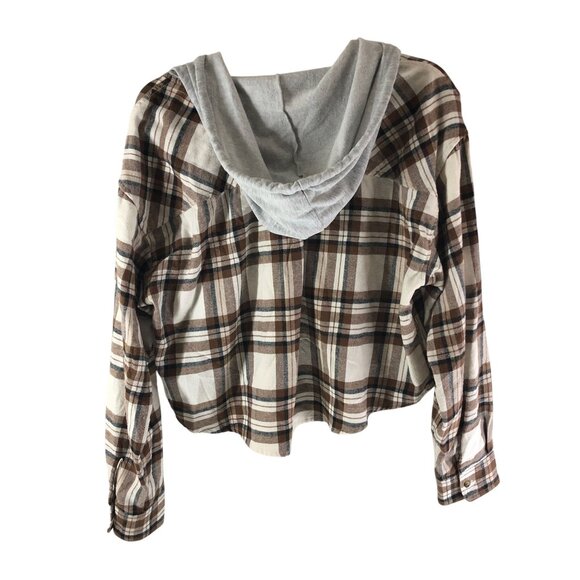 No Boundaries Womens Flannel Shirt Hooded Cropped Plaid Brown White XL - Picture 2 of 4